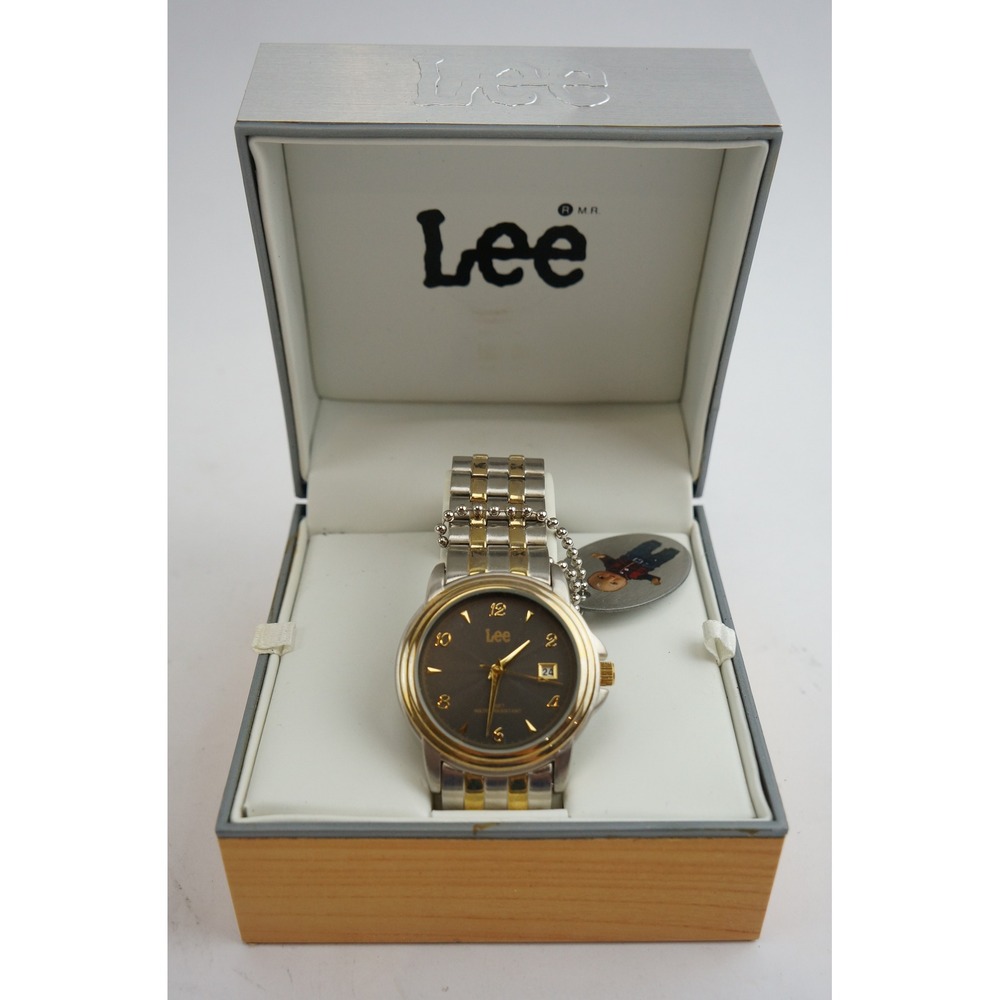Lee Wrist Watch Mens Two Tone Silver Gold Brown Dial Date Water Resistant NIB